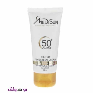 کرم ضد آفتاب رنگی تیوپی SPF50 مدیسان مناسب پوست های نرمال و خشک حجم ۵۰ میلی لیتر